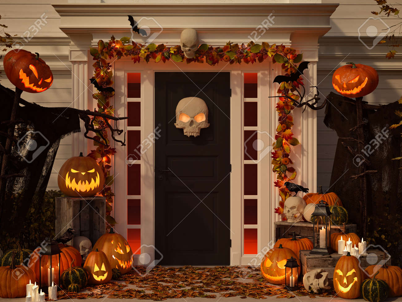 casa decorada de halloween con calabazas y escudos representacin 3d foto de archivo 88262027