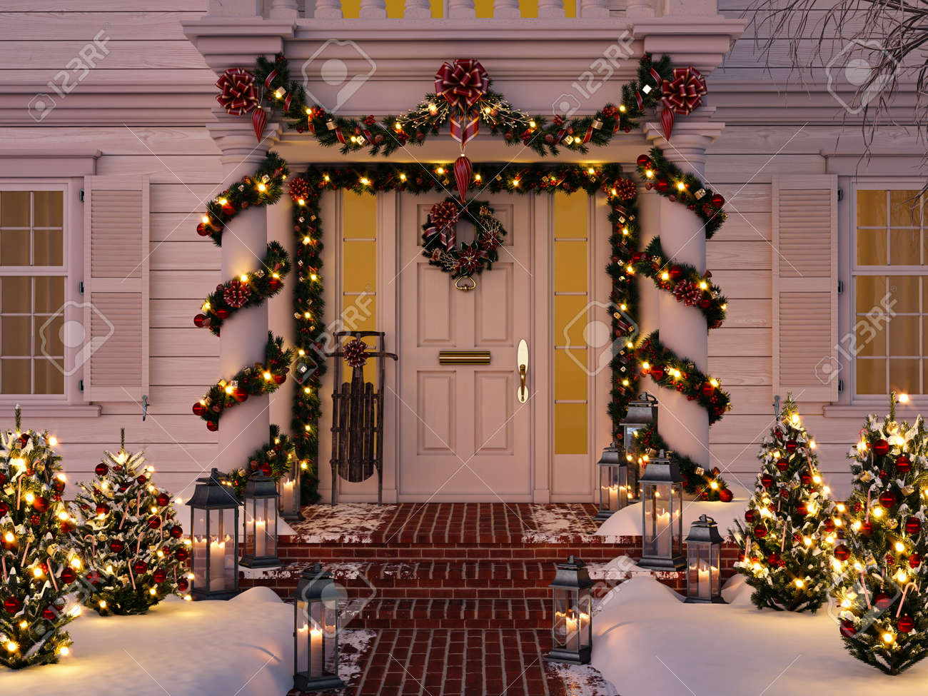 christmas decorated porch with little trees and lanterns. 3d rendering - 92350589 christmas decorated porch with little trees and lanterns. 3d rendering - 92350589