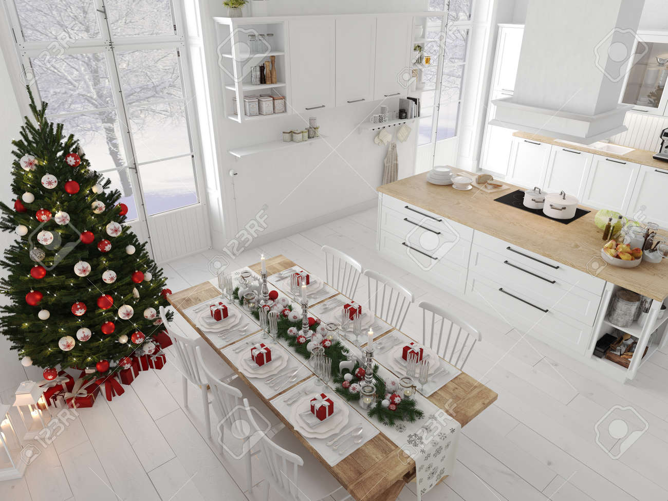 Cuisine nordique avec décoration de Noël par jour. Rendu 18D Cuisine nordique avec décoration de Noël par jour. Rendu 18D