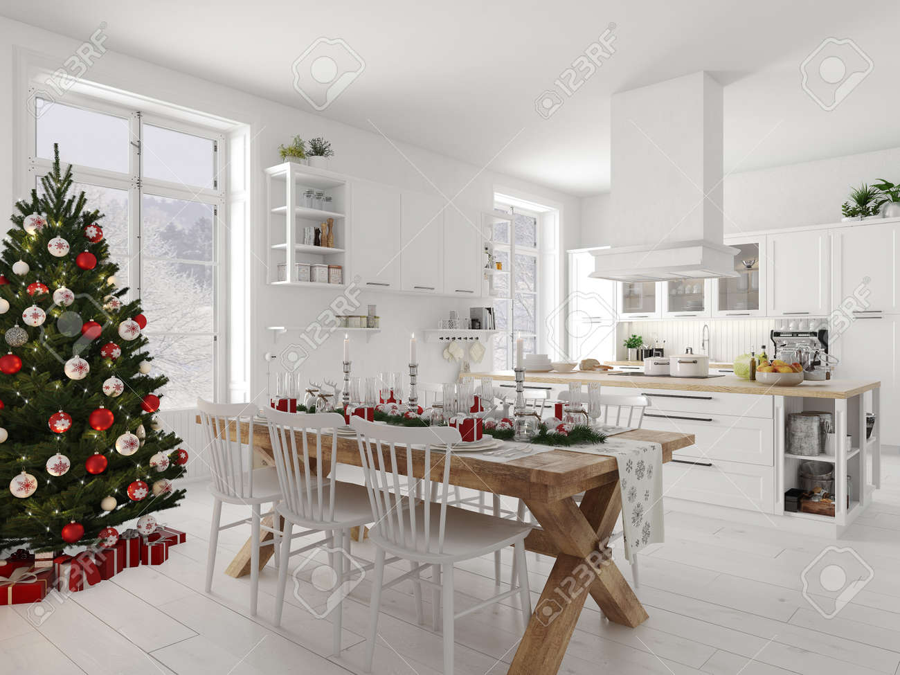 nordic kitchen with christmas decoration by day. 3d rendering - 91387472 nordic kitchen with christmas decoration by day. 3d rendering - 91387472