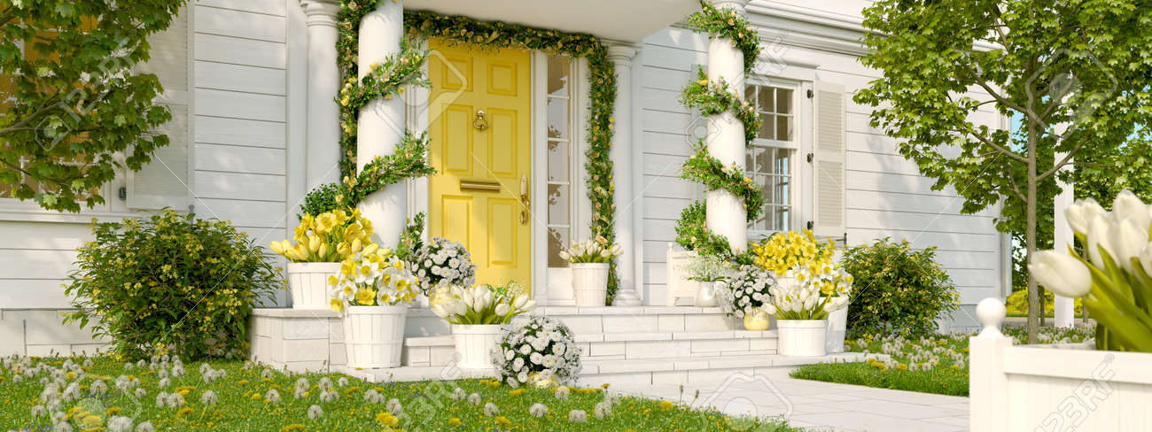 spring decorated porch with a lot of flowers. 3d rendering - 92880125 spring decorated porch with a lot of flowers. 3d rendering - 92880125