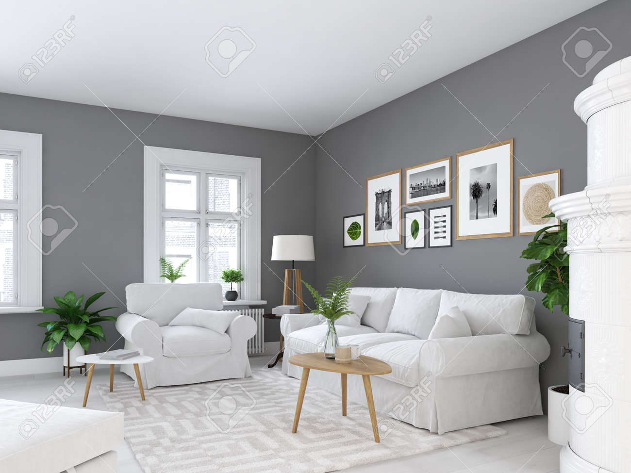 living room with picture frames and fireplace. 3d rendering - 103862401 living room with picture frames and fireplace. 3d rendering - 103862401