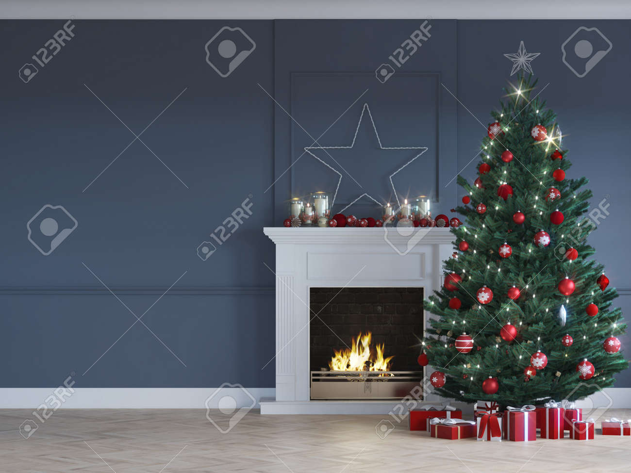3D-Illustration. christmas scene with decorated tree and fireplace. - 133982547 3D-Illustration. christmas scene with decorated tree and fireplace. - 133982547