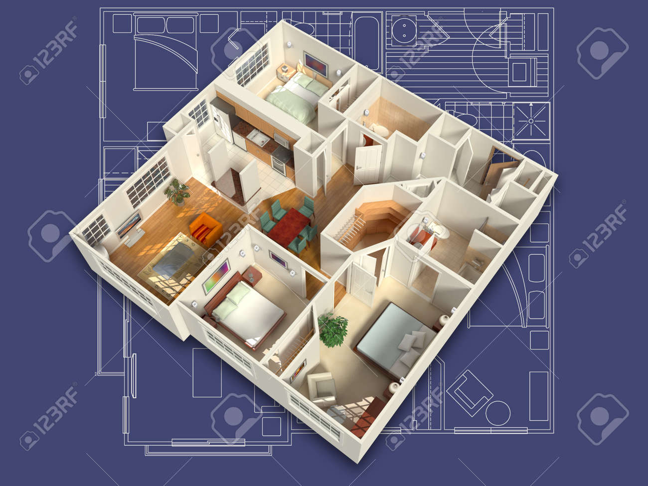 3D House Interior On A Blueprint Stock Photo, Picture And Royalty ... 3D House Interior On A Blueprint Stock Photo, Picture And Royalty ...