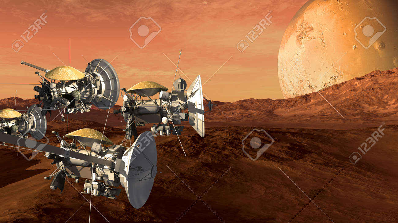 無人探査機は 宇宙探査および空想科学小説の背景の赤い惑星のような火星のスカウトをプローブします の写真素材 画像素材 Image