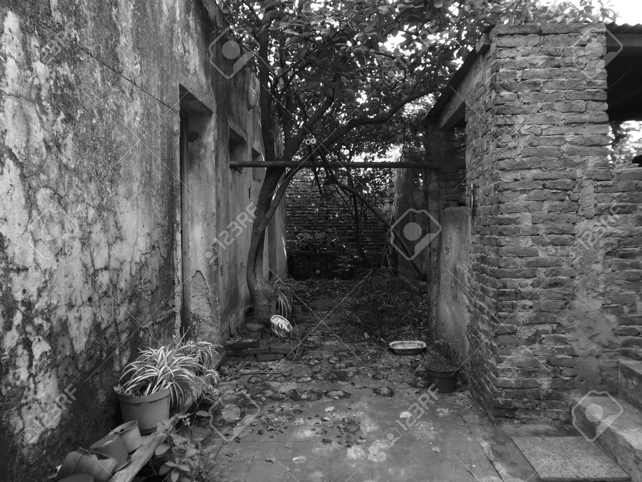 black and white image of the courtyard of an old house lizenzfreie black and white old house