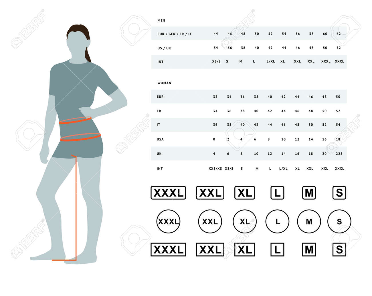 Measurements For Clothing. Vector Illustration Of The Dimensions Of The Female Waist And Hips. Size Chart For Women. Model Template With International Sizes Can Be Used For Female Linen, Clothes Royalty Free