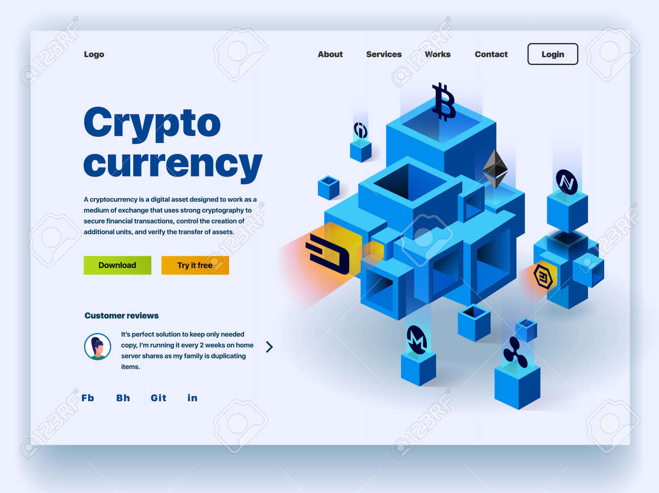 암호화폐 웹사이트. Cryptocurrency 및 디지털 화폐 기술 개념 벡터 웹사이트입니다. 웹사이트 템플릿입니다. 암호 화폐 거래를  위한 랜딩 페이지의 개념. 블록체인 기술. 비트코인 로열티 무료 사진, 그림, 이미지 그리고 스톡포토그래피. Image 121530630