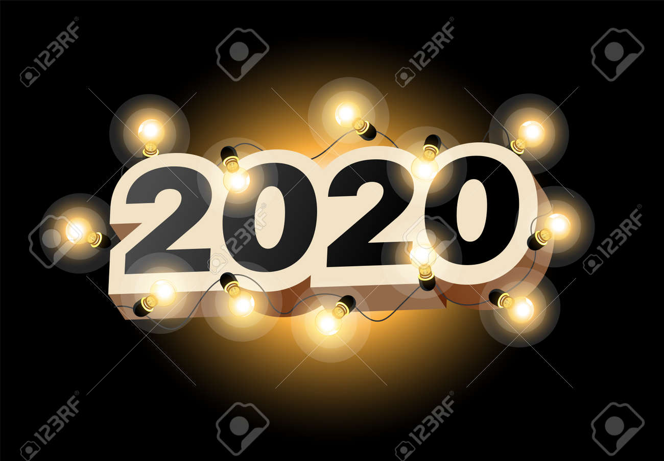 Happy New Year 2020 logo text design. Vector illustration 2020 symbol year from numbers and luminous garland on dark background. Merry Christmas template brochure, invitations, cards, banners, flyers - 134469368 Happy New Year 2020 logo text design. Vector illustration 2020 symbol year from numbers and luminous garland on dark background. Merry Christmas template brochure, invitations, cards, banners, flyers - 134469368