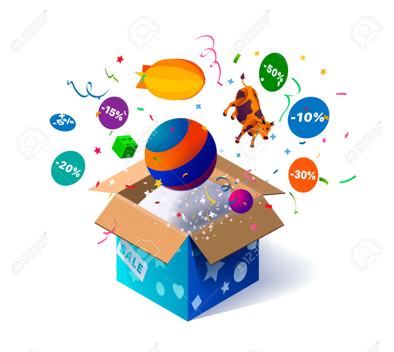 Open cardboard box with kids toys and confetti explosion inside and on white background. Lottery. Promotional banner. Illustration for advertising decoration of stores and for raffle prizes - 140640922 Open cardboard box with kids toys and confetti explosion inside and on white background. Lottery. Promotional banner. Illustration for advertising decoration of stores and for raffle prizes - 140640922