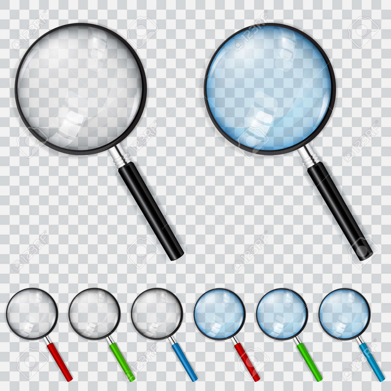 Set of magnifiers with transparent and light blue glasses and multicolored handles - 36672227 Set of magnifiers with transparent and light blue glasses and multicolored handles - 36672227