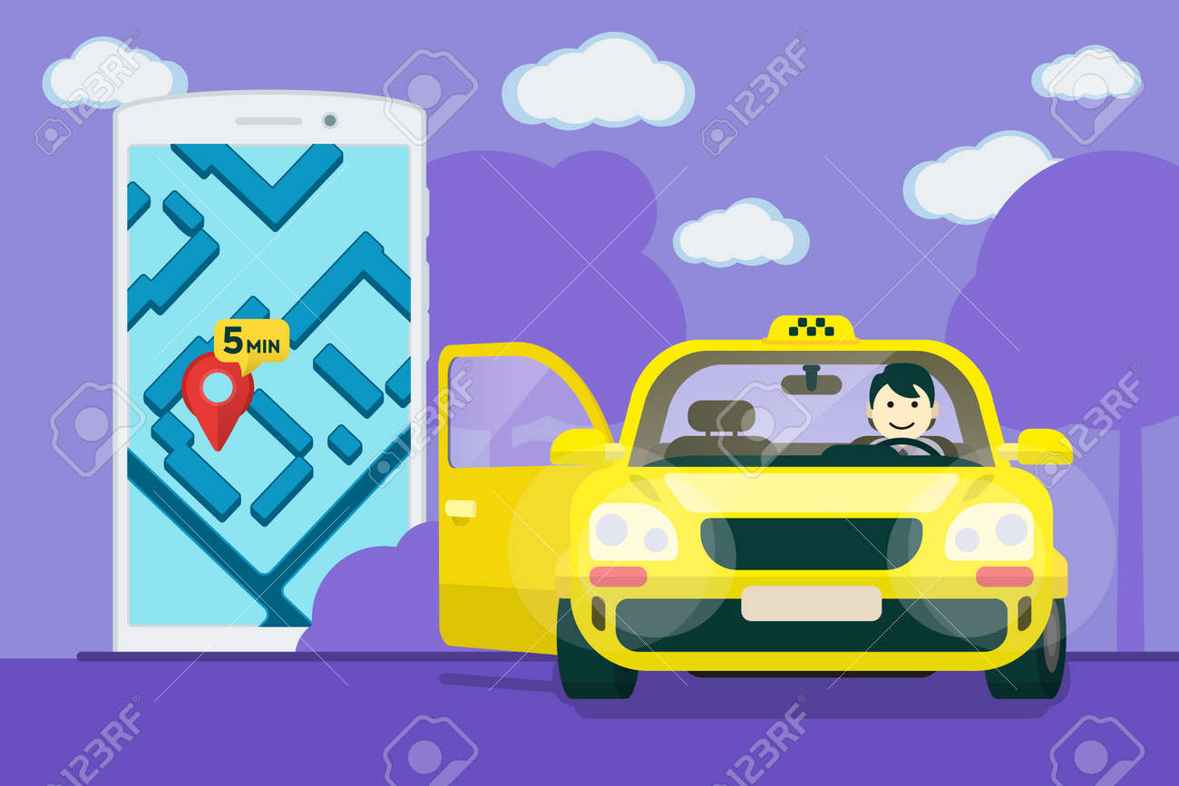 Taxi Service Flat Yellow Taxi With A Driver The Car With The Door Open Car Front Taxi Service Flat Yellow Taxi With A Driver The Car With The Door Open Car Front