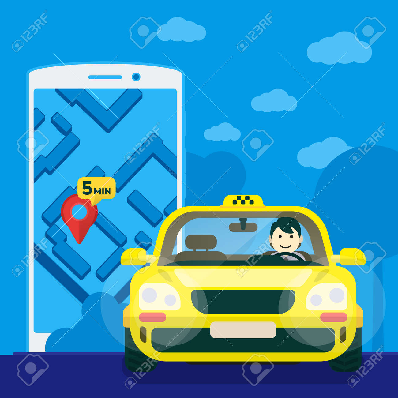 この道を走るドライバーとフラット黄色のタクシー 車のフロント ビュー マップ上のラベルとフラットの携帯電話 タクシー オンライン申請 ベクトル イラスト のイラスト素材 ベクタ Image