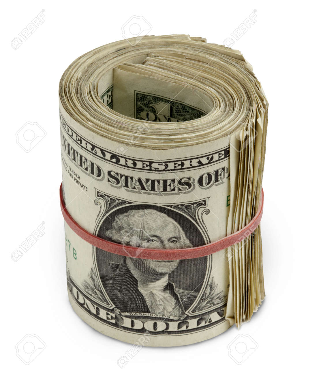 1 ドル紙幣の札束はロールバックし、赤いゴムバンドで固定されての写真素材・画像素材 Image 5390568