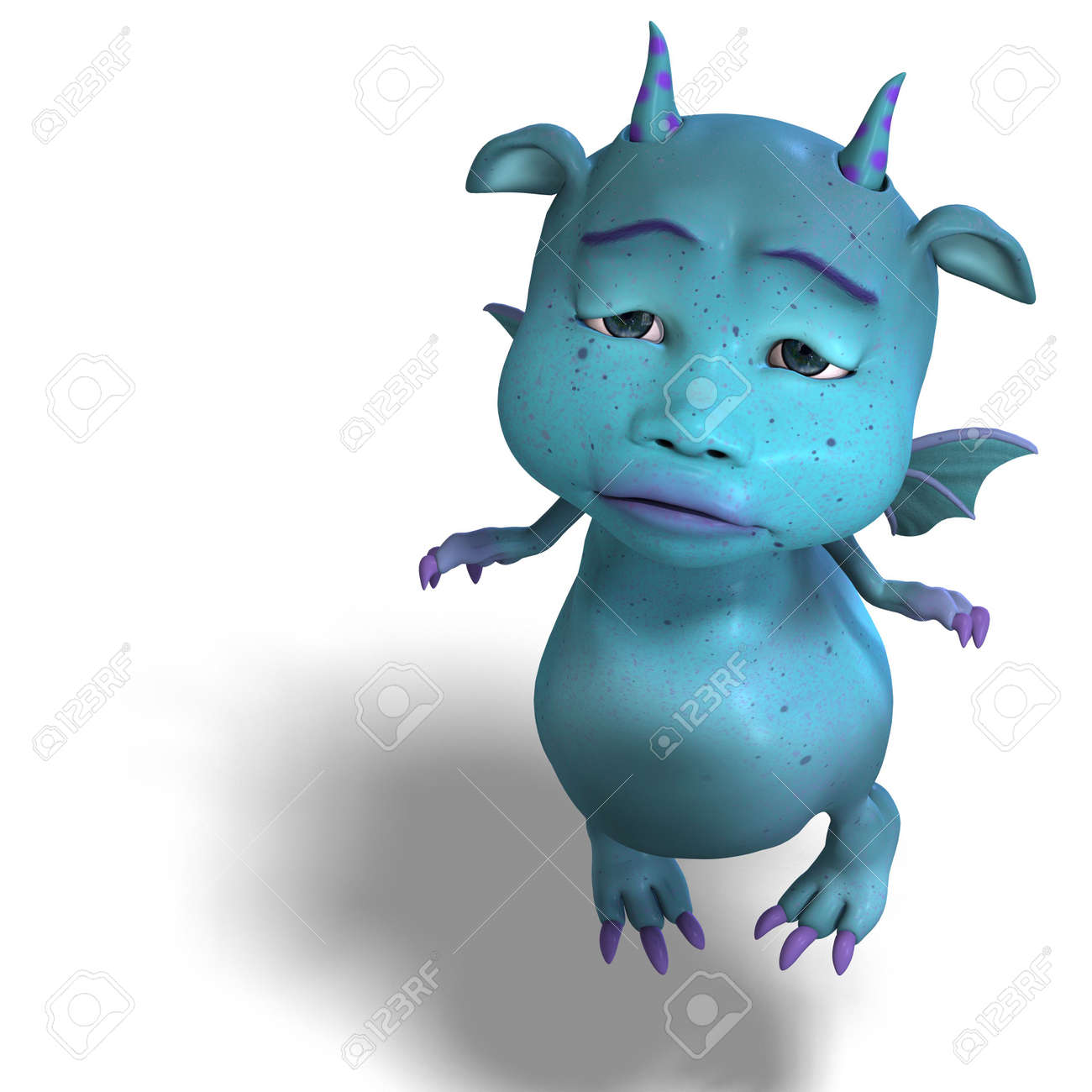3d rendering of a little blue cute toon dragon devil with clipping