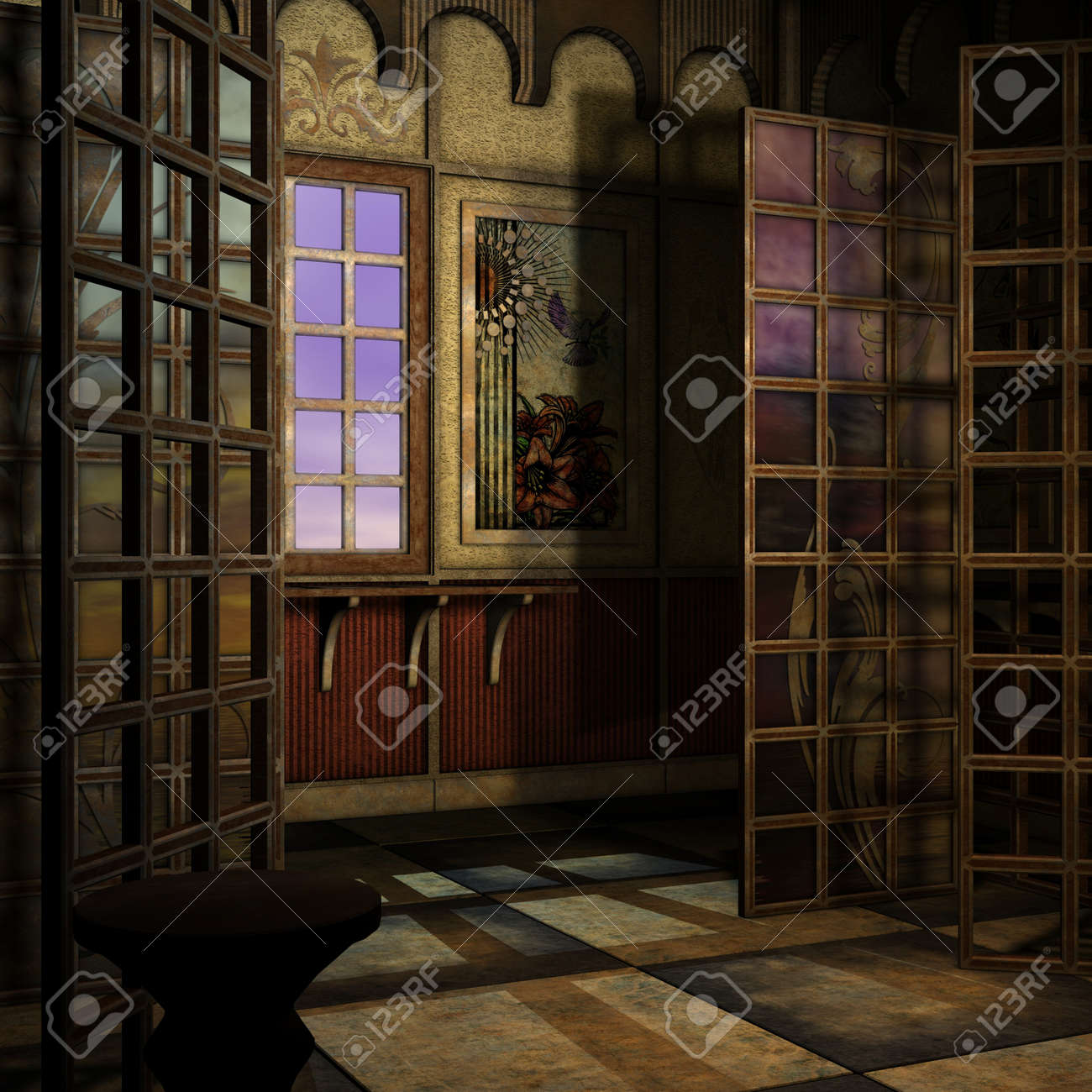 魔法 ファンタジーの設定ウィンドウ バック グラウンドの使用のためのファンタジーのテーマの 3 D レンダリング の写真素材 画像素材 Image