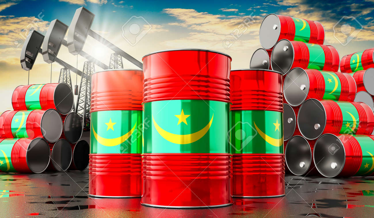 모리타니의 국기와 석유 추출 우물이 있는 석유 배럴 - 3d 그림 로열티 무료 사진, 그림, 이미지 그리고 스톡포토그래피. Image  185059358