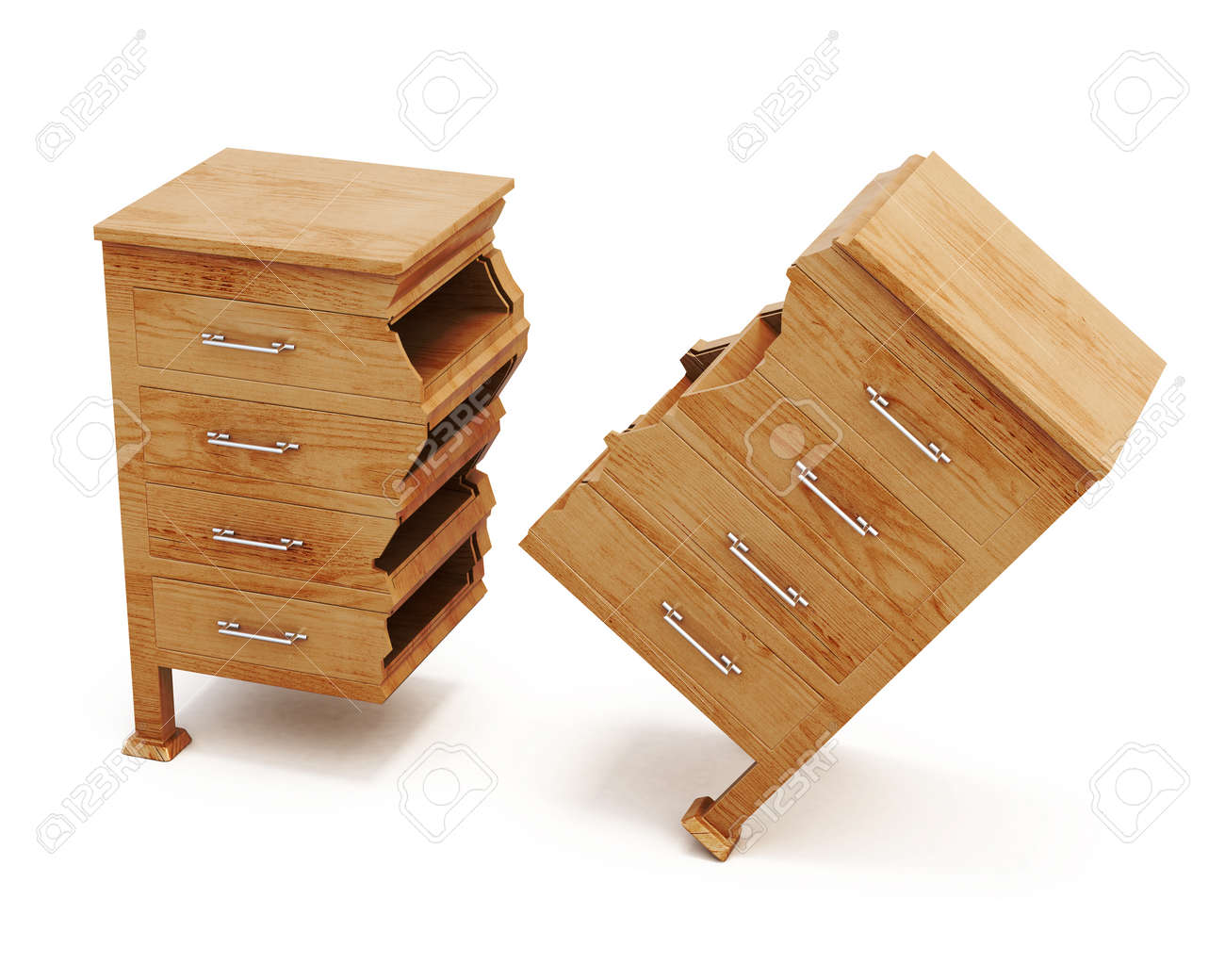 broken wooden dresser on white background conceptual image chest of drawers front view drawer front c74 front