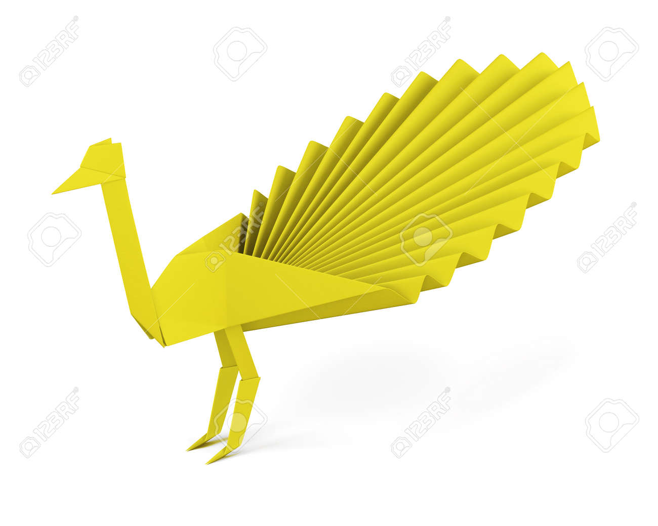 Origami Peacock Made Of Paper Isolated On White Background Yellow