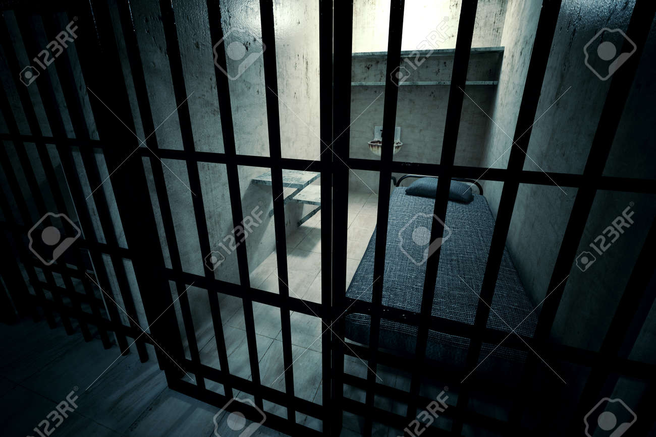 Render Of Locked Prison Cell For One Person With Bed, Sink, Toilet And  Chair. Dark Atmosphere. 免版權照片，圖片，畫像及圖片庫. Image 19612454