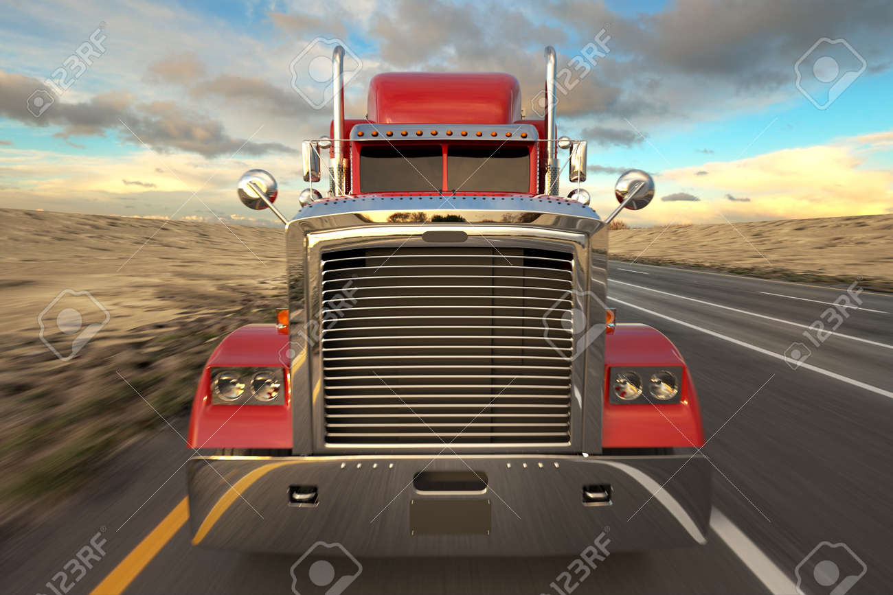 日中の道路上の 18 輪トラック フロント ビュー の写真素材 画像素材 Image