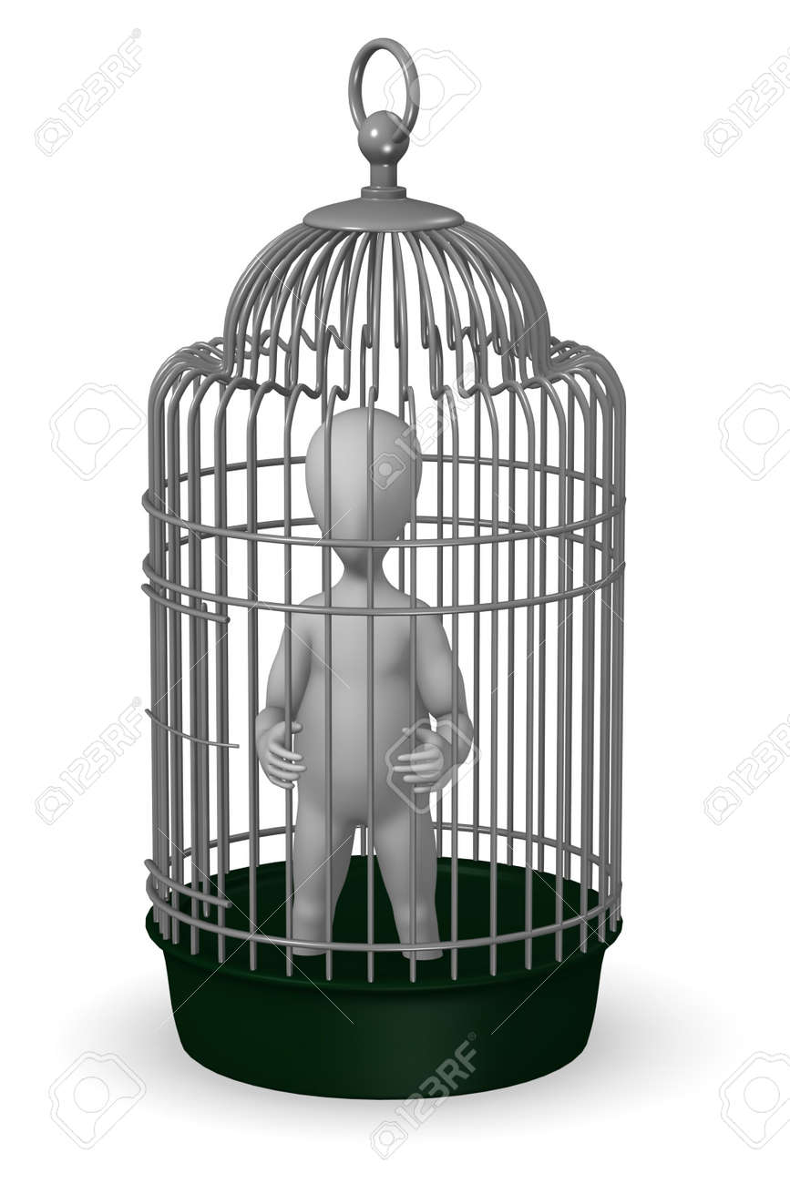 3d Render Of Cartoon Character In Bird Cage
