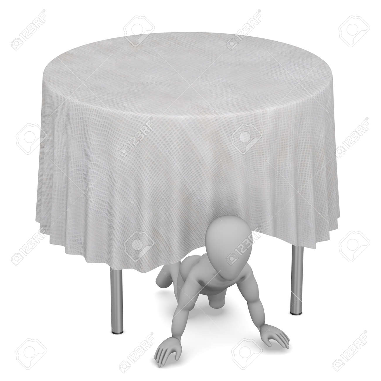 テーブルとテーブル クロスのある漫画のキャラクターの 3 D レンダリング の写真素材 画像素材 Image