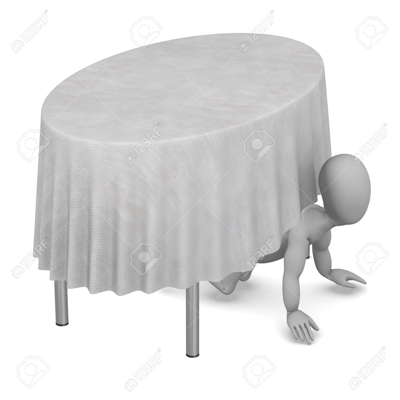 テーブルとテーブル クロスのある漫画のキャラクターの 3 D レンダリング の写真素材 画像素材 Image