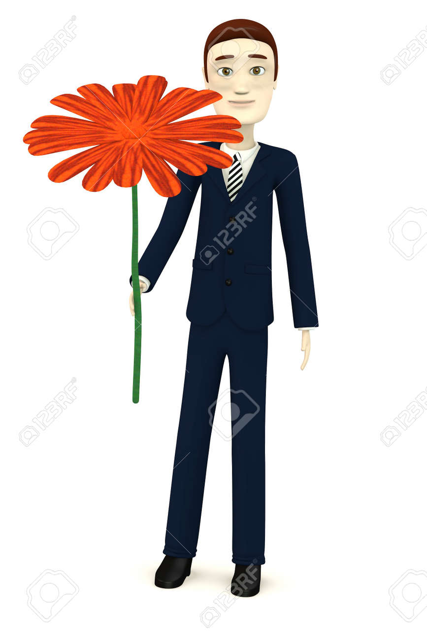Rendu 3d De Personnage De Dessin Animé Avec Fleur Rouge