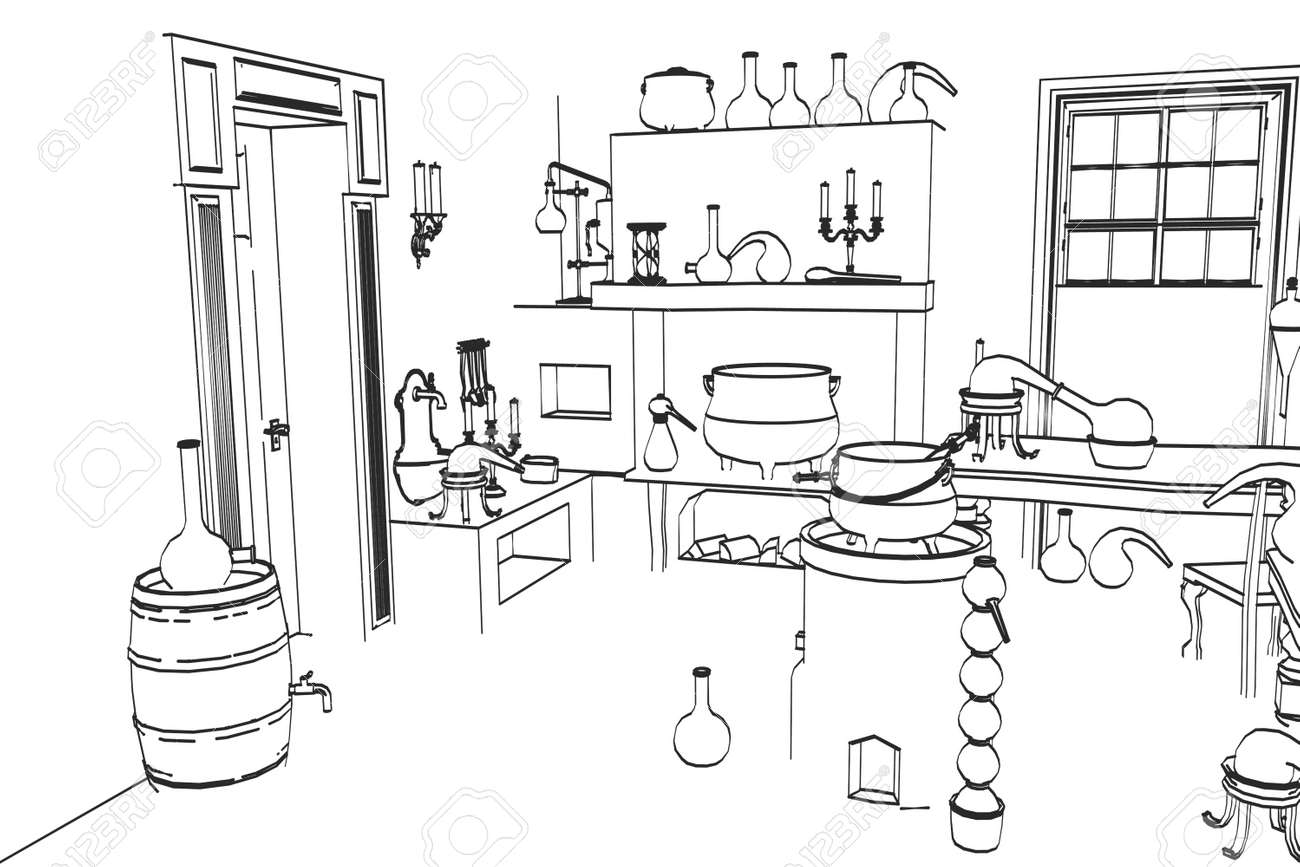 2d cartoon illustration of alchemy lab stock photo picture and