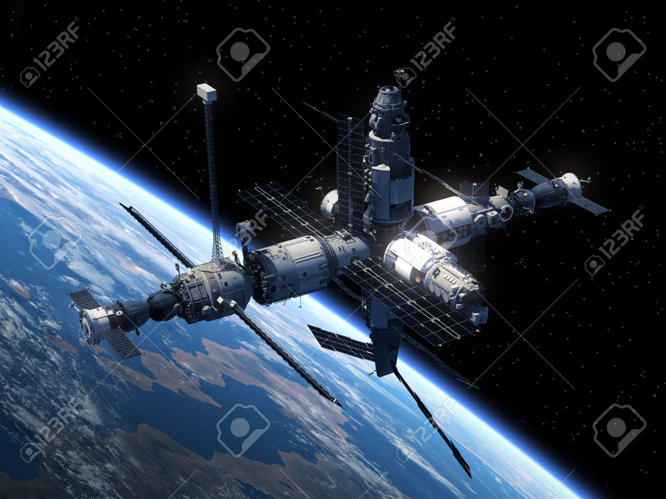 Space Station Orbiting Earth. Realistic 3D Scene. - 38012932 Space Station Orbiting Earth. Realistic 3D Scene. - 38012932