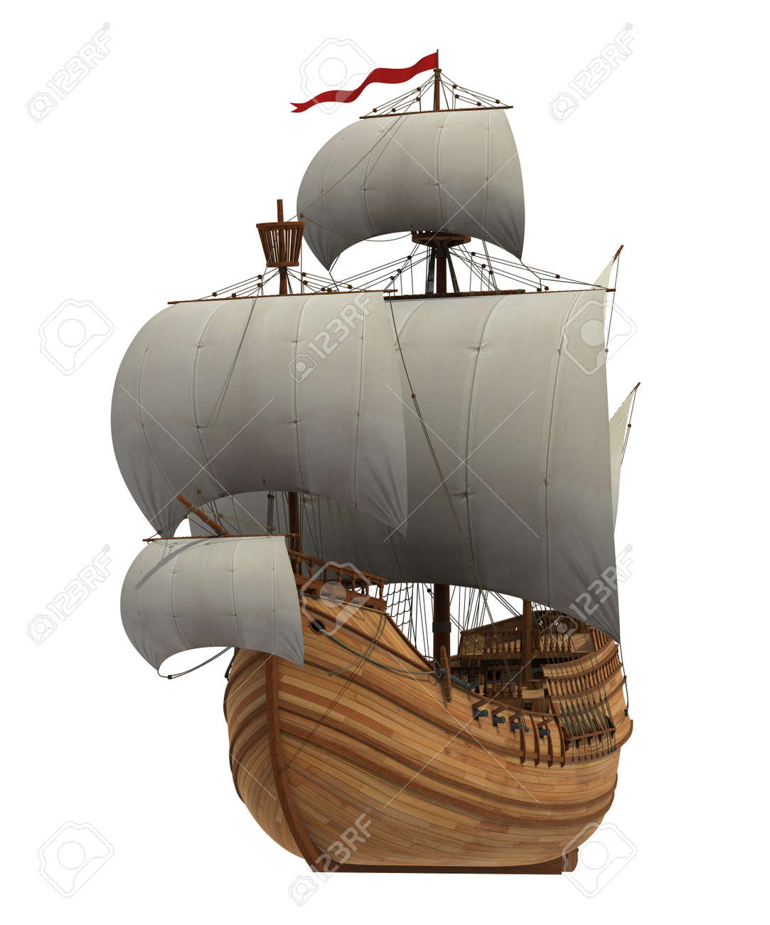 Caravel With White Sails On White Background. 3D Scene. - 40040217 Caravel With White Sails On White Background. 3D Scene. - 40040217
