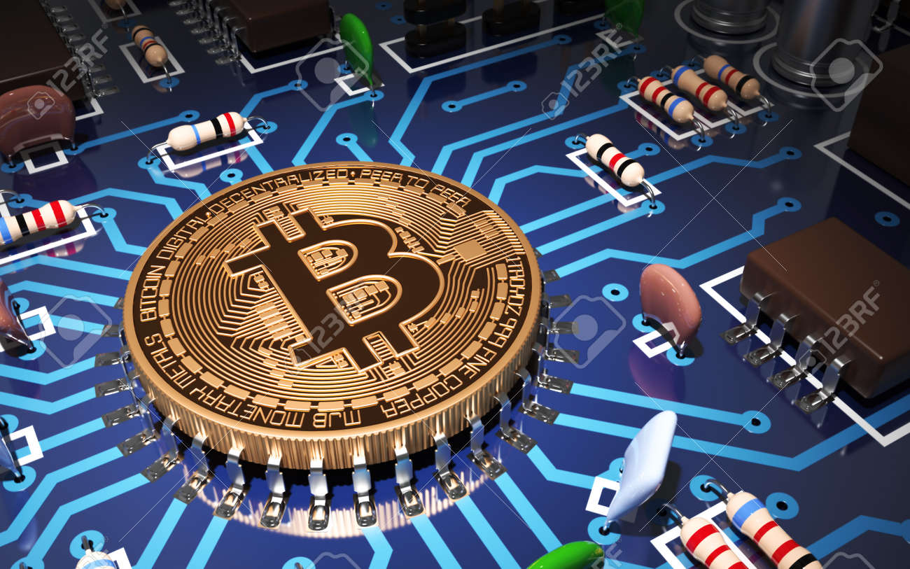Concept Of Bitcoin Like CPU On Motherboard. 3D Scene. - 49771541 Concept Of Bitcoin Like CPU On Motherboard. 3D Scene. - 49771541