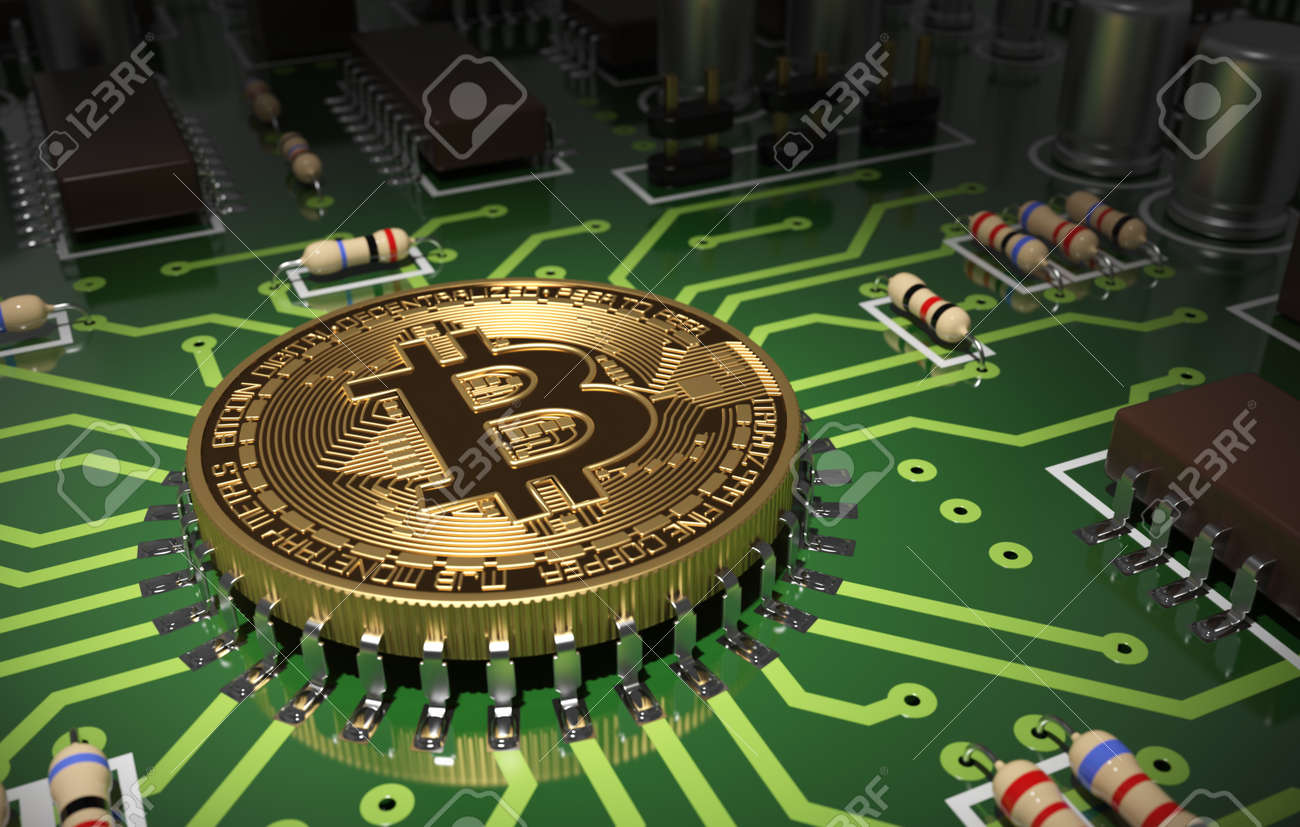 Concept Of Bitcoin Like A Computer Chip On Motherboard. 3D Scene. - 49771542 Concept Of Bitcoin Like A Computer Chip On Motherboard. 3D Scene. - 49771542