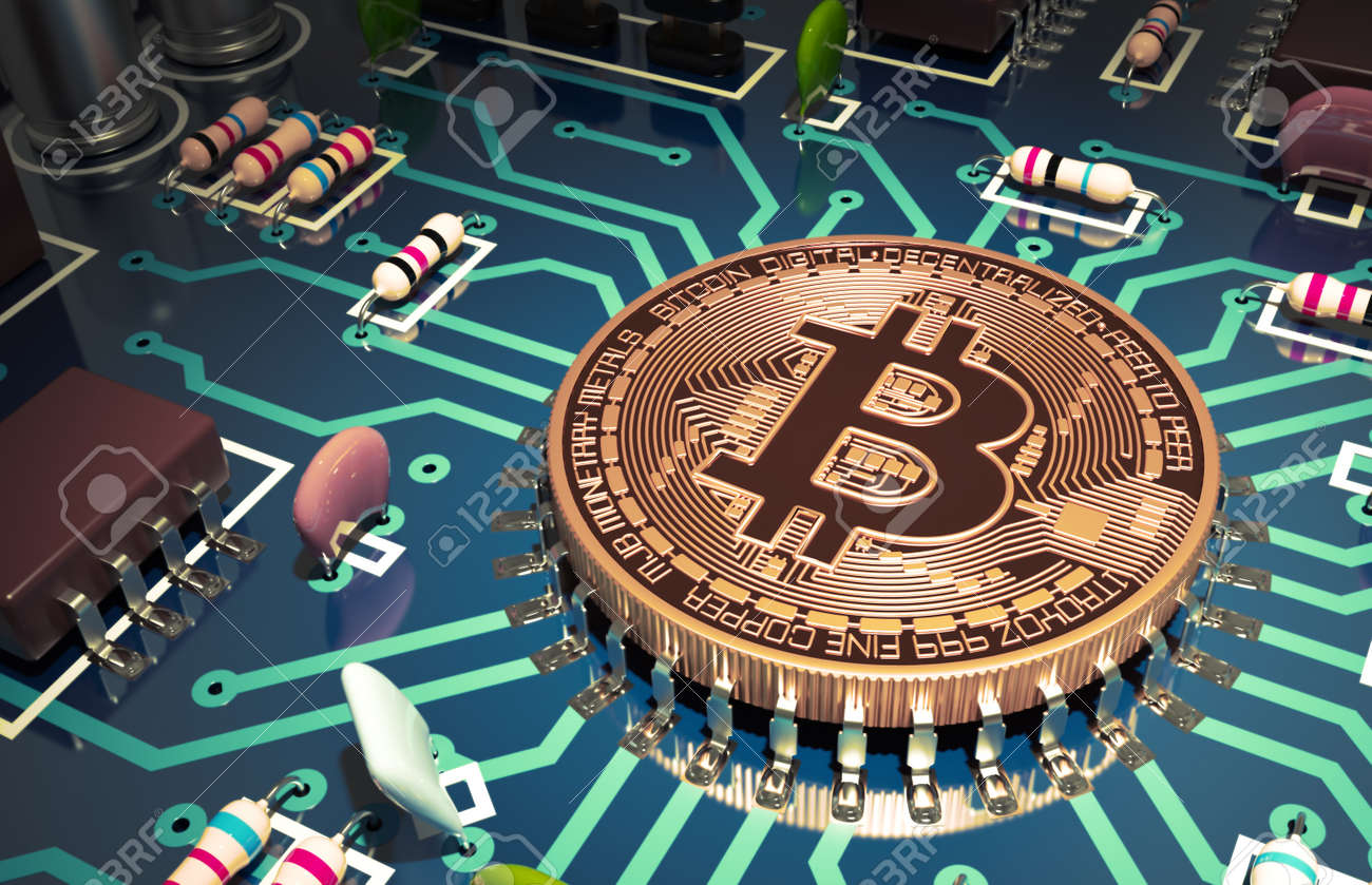 마더 보드에 컴퓨터 칩처럼 Bitcoin입니다. 3D 장면. 로열티 무료 사진, 그림, 이미지 그리고 스톡포토그래피. Image  50614251