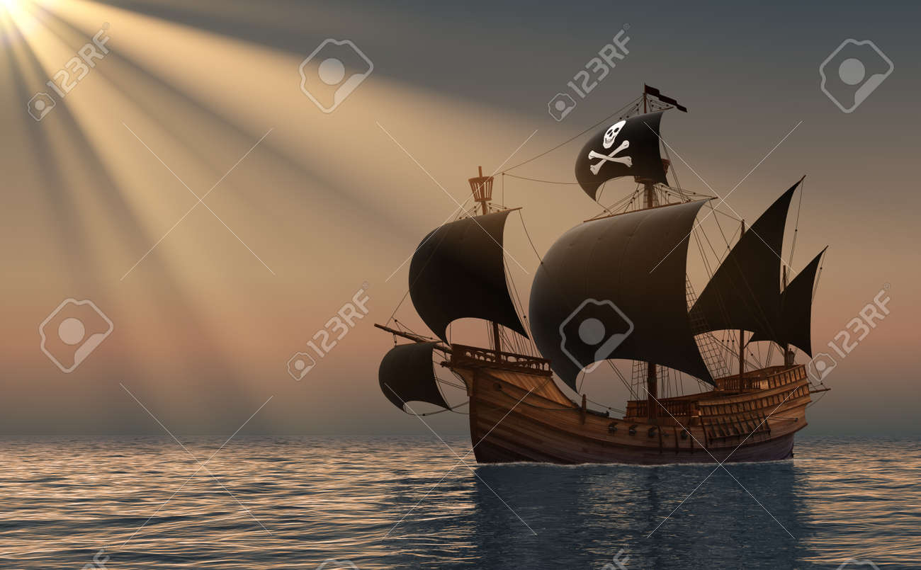 Pirate Ship In Rays Of the Sun. 3D Scene. - 51304848 Pirate Ship In Rays Of the Sun. 3D Scene. - 51304848