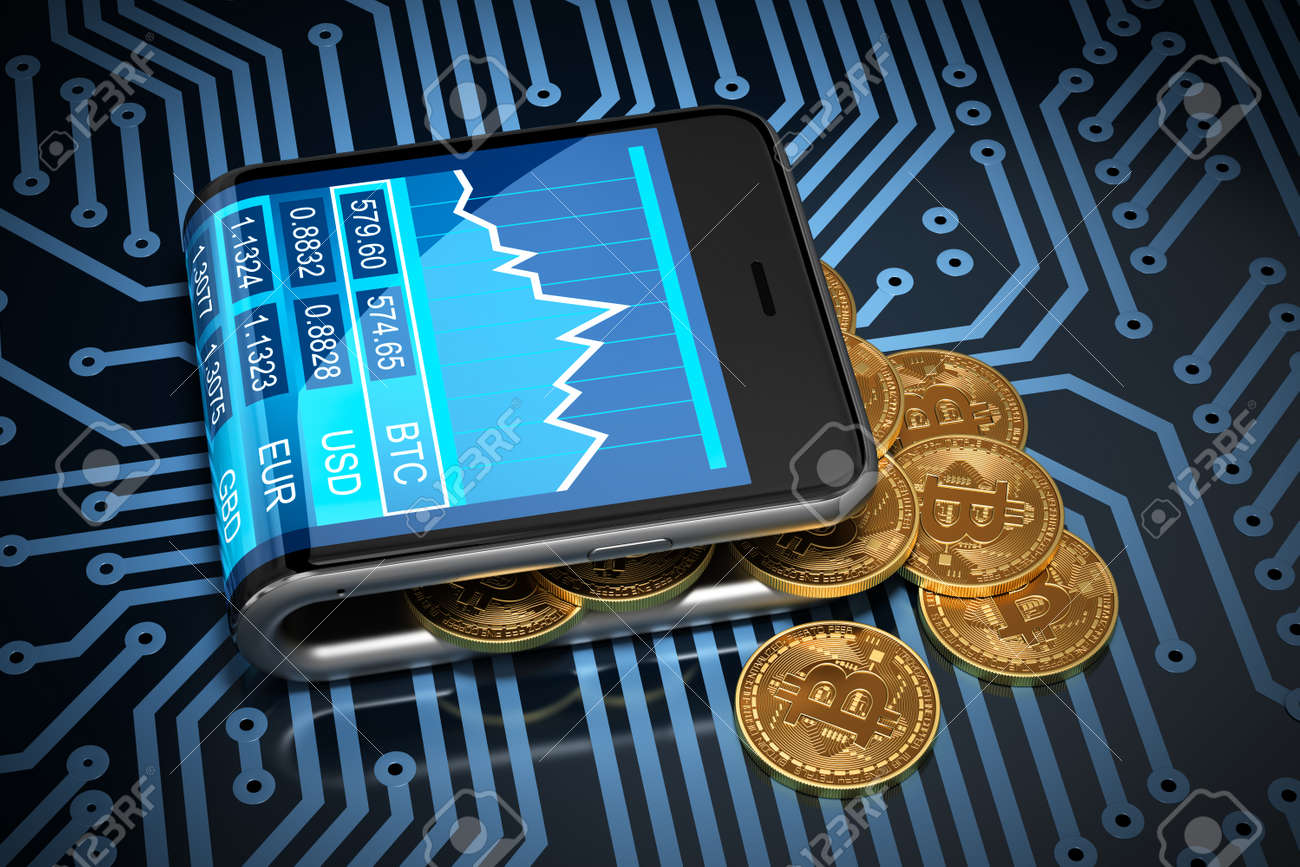 Concepto De Monedero Virtual Y Bitcoins En Placa De Circuito Impreso. Oro  Bitcoins Derrame Fuera De Los Curvado Smartphone. Ilustración 3D. Fotos,  retratos, imágenes y fotografía de archivo libres de derecho. Image