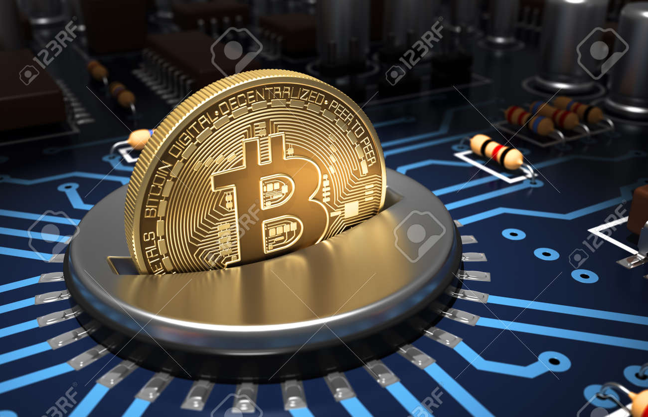 블루 마더 보드에 비트 코인 속으로 동전 슬롯 퍼팅 로열티 무료 사진, 그림, 이미지 그리고 스톡포토그래피. Image 71542019