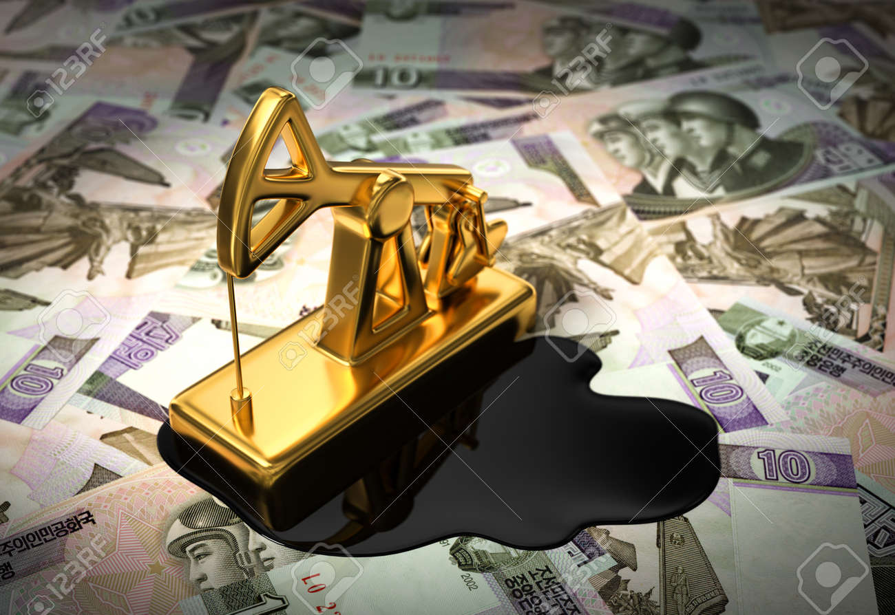 金 Pumpjack と北朝鮮ウォンにこぼれたオイル 3 D イラスト の写真素材 画像素材 Image