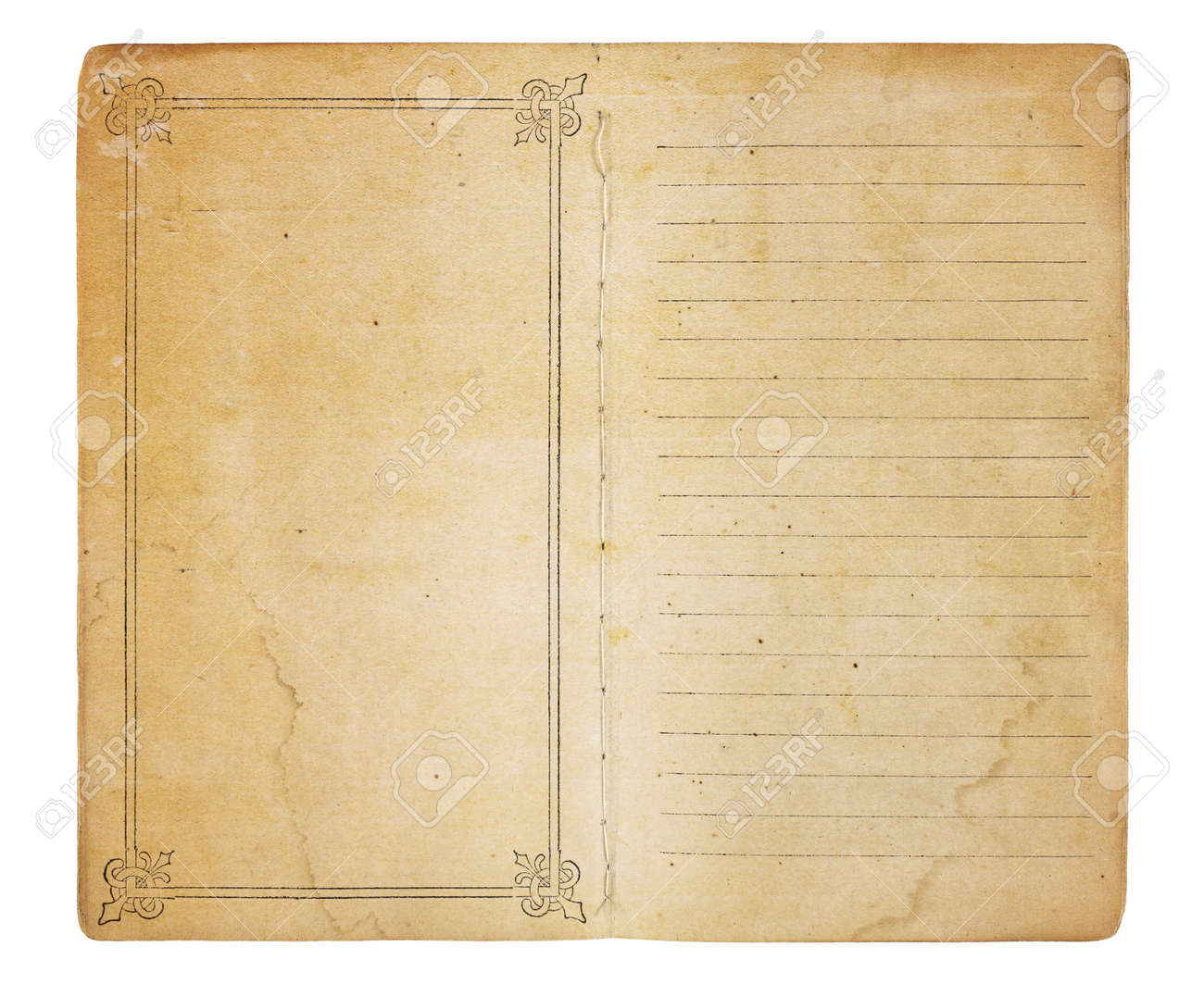 an old memo book opened to reveal yellowing stained pages one memo page