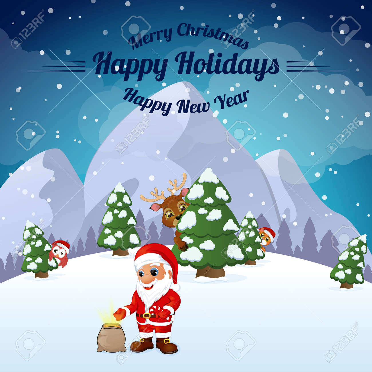 グリーティング カード幸福な新年とクリスマス サンタ 鹿フクロウと子猫ベクトル イラストのイラスト素材 ベクタ Image