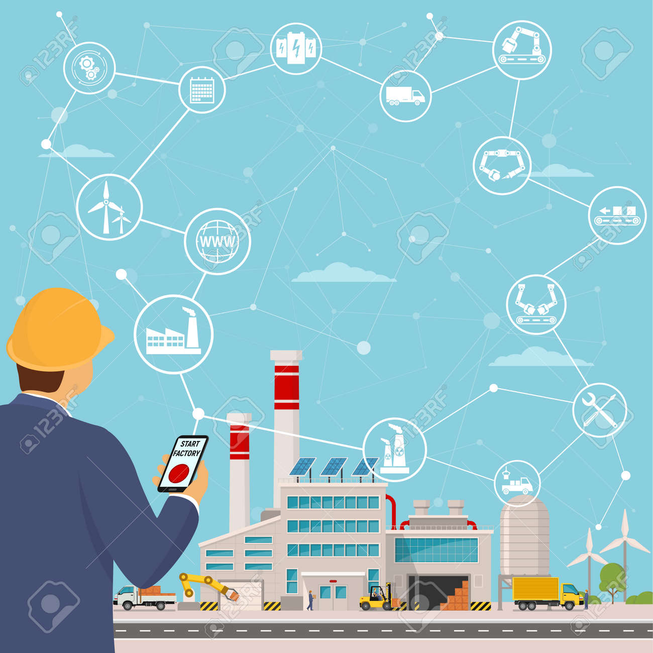 スマートファクトリーとその周りのアイコンエンジニアは スマートプラントを開始します スマートファクトリーや産業用モノのインターネット 背景ベクトルの図 のイラスト素材 ベクタ Image