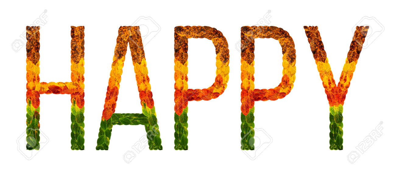 happy word is written with leaves white isolated background stock