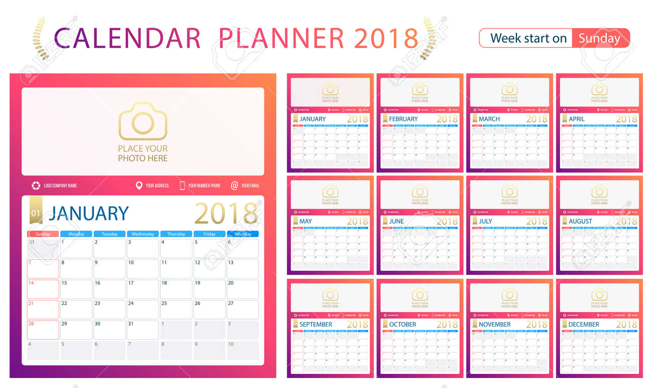 2018 calendar planner week start on sunday set of 12 months 12 month planner template