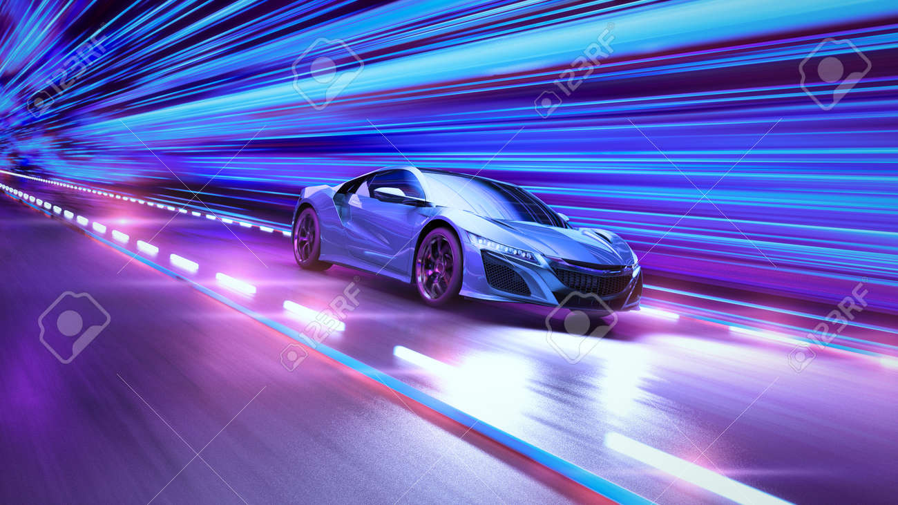 A modern sports car drives quickly through an abstract light tunnel . 3d illustration - 149920271 A modern sports car drives quickly through an abstract light tunnel . 3d illustration - 149920271