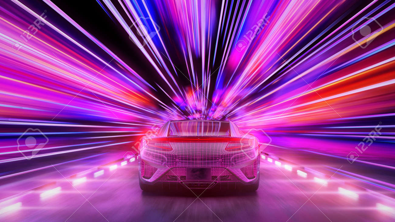 A modern sports car drives quickly through an abstract light tunnel . 3d illustration - 149920279 A modern sports car drives quickly through an abstract light tunnel . 3d illustration - 149920279
