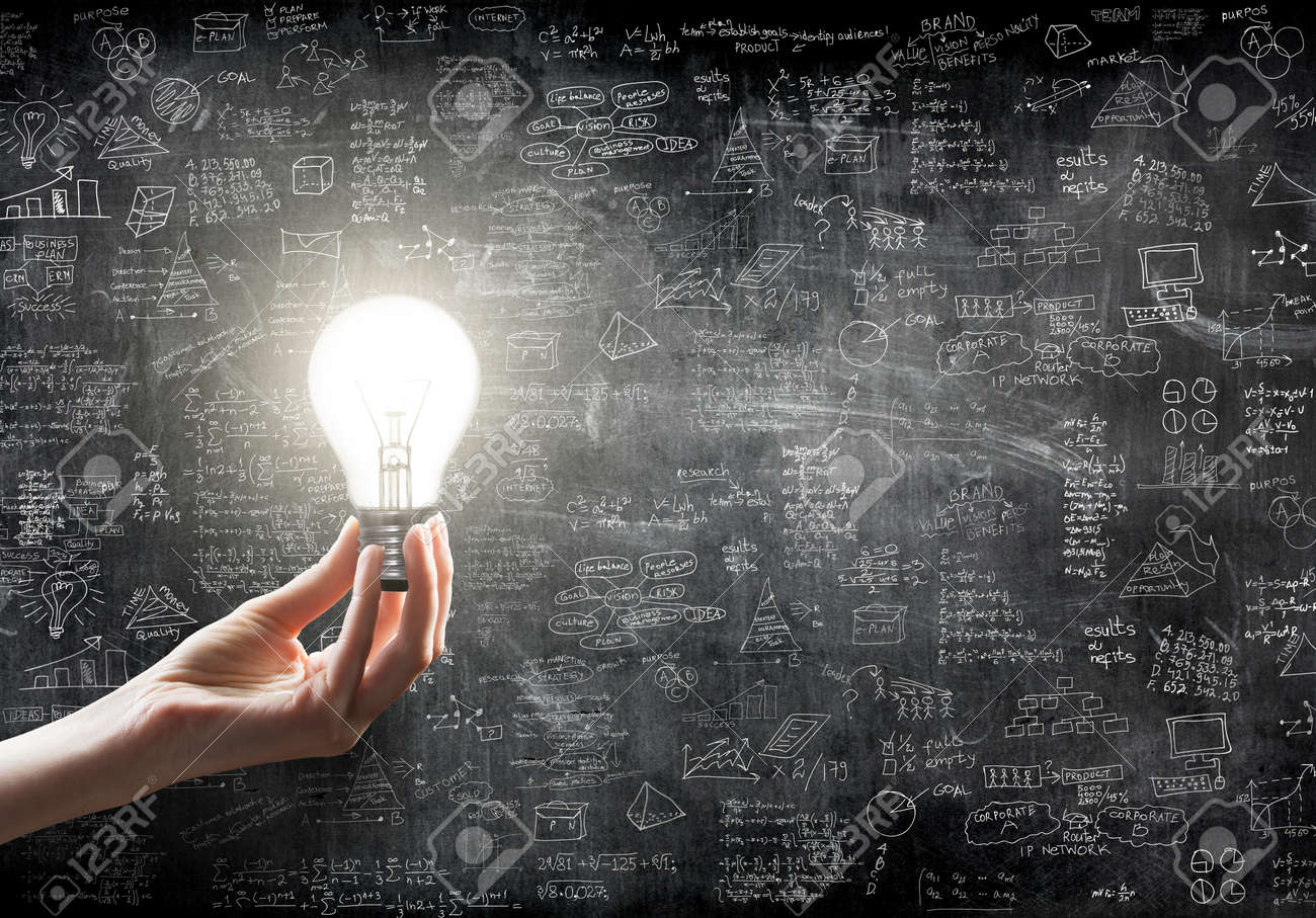 hand holding or showing a light bulb in front of business idea concept on wall backboard blackground - 41304923 hand holding or showing a light bulb in front of business idea concept on wall backboard blackground - 41304923