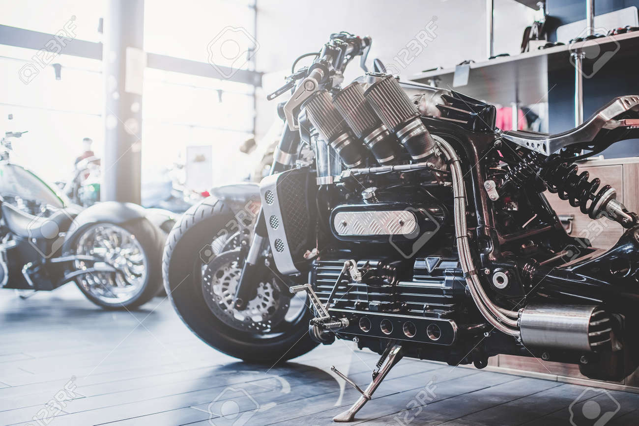 Cropped Image Of New Motorcycle In Shop Motorcycles And Accessories Stock Photo Picture And Royalty Free Image Image 98373360