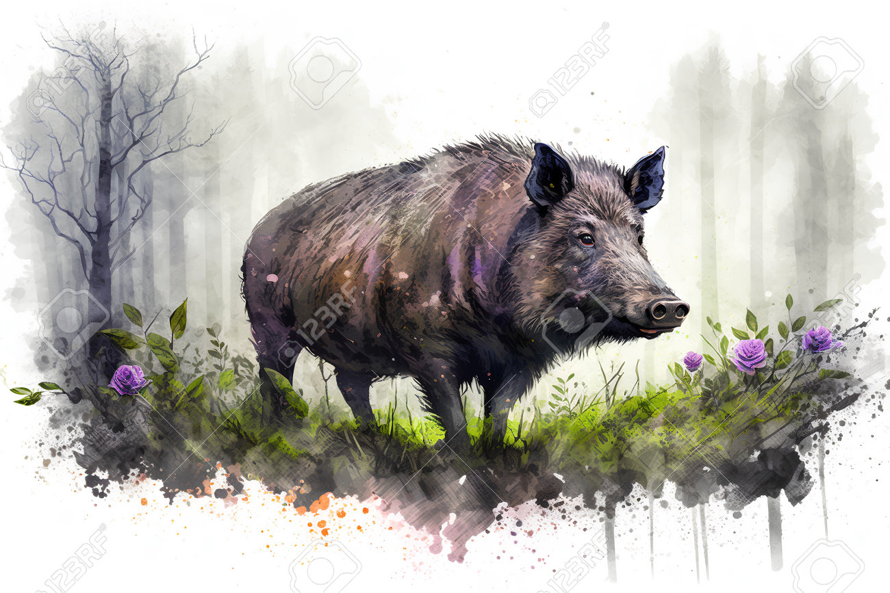 森の中のイノシシの水彩イラスト。猪。の写真素材・画像素材 Image