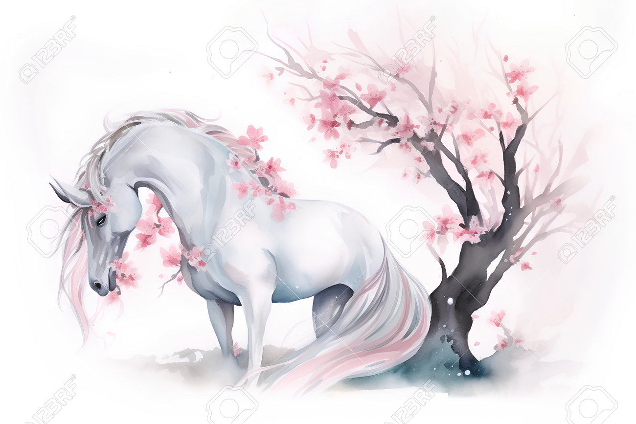 Beautiful Watercolor Illustration With A White Horse And Cherry